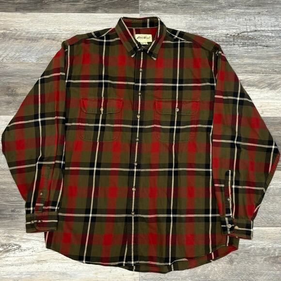 Eddie Bauer‎ Flannel Tartan Plaid Red Green Mens L Tall Button Shirt VIntage 90s - Picture 2 of 8